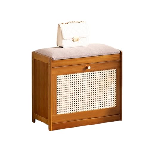XL Superb Schuhaufbewahrungsbank mit Klappschublade 2-StöCkige Eingangsbank mit Kissen Atmungsaktive SchranktüR aus Rattannetz Platzsparend MöBel füR Eingangsbereich Schlafzimmer Walnut 50cm/19.7in von XL Superb