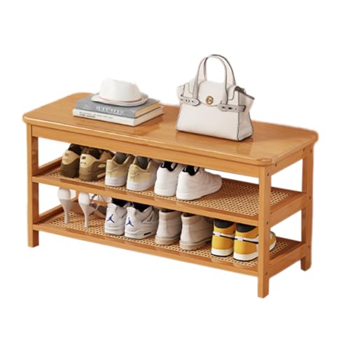 XL Superb Schuhbank aus Bambus for den Eingangsbereich, Schuhregal mit Sitzbank, Sitzfläche aus synthetischem Rattan, platzsparend, ideal for Eingänge, Veranden und Wohnzimmer Wood 85cm-3F von XL Superb