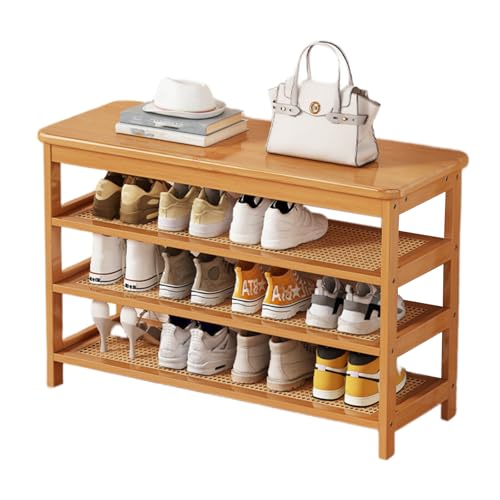 XL Superb Schuhbank aus Bambus for den Eingangsbereich, Schuhregal mit Sitzbank, Sitzfläche aus synthetischem Rattan, platzsparend, ideal for Eingänge, Veranden und Wohnzimmer Wood 85cm-4F von XL Superb