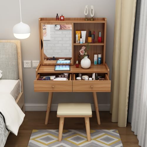 XL Superb schminktisch Frisiertisch mit HD Spiegel und Schubladen Moderner Kommode Für Schlafzimmer Wohnzimmer Pear Wood 31.5 * 50 in von XL Superb
