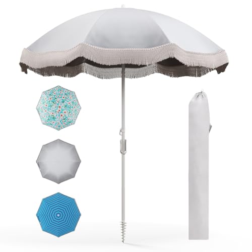 6,5 Fuß langer Strandsonnenschirm mit Fransen, Sonnenschutz UPF50+ mit Tragetasche und Neigung per Druckknopf, wasserdichter Quastenschirm for den Außenbereich for Garten, Rasen und Pool(Cream White) von XLANDALYUEFA