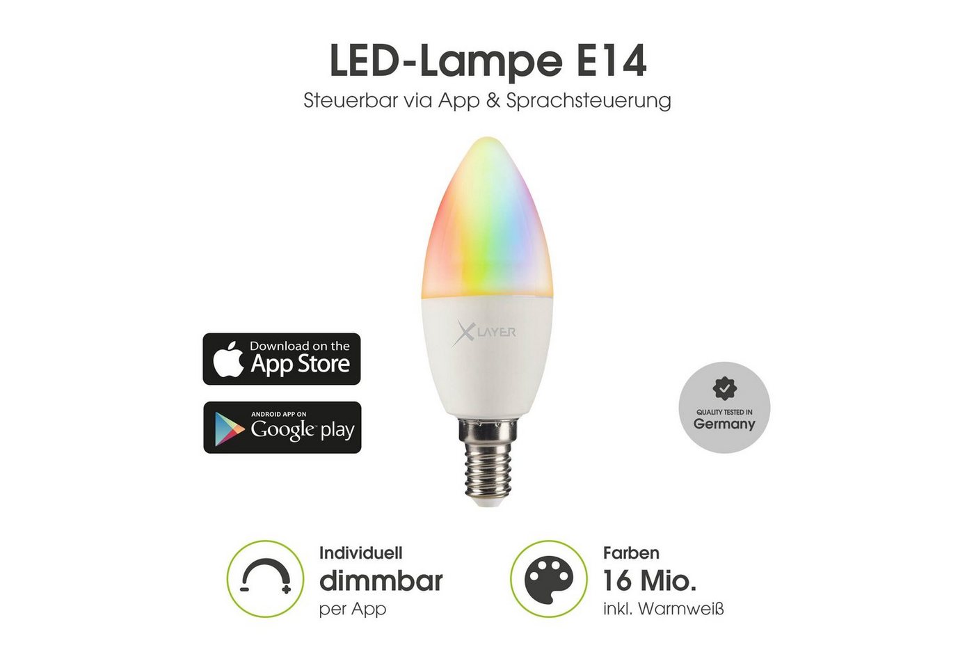 XLAYER Smarte LED-Leuchte WLAN LED Lampe Smart Echo E14 4.5W Warmweiß, Mehrfarbig Dimmbar von XLAYER