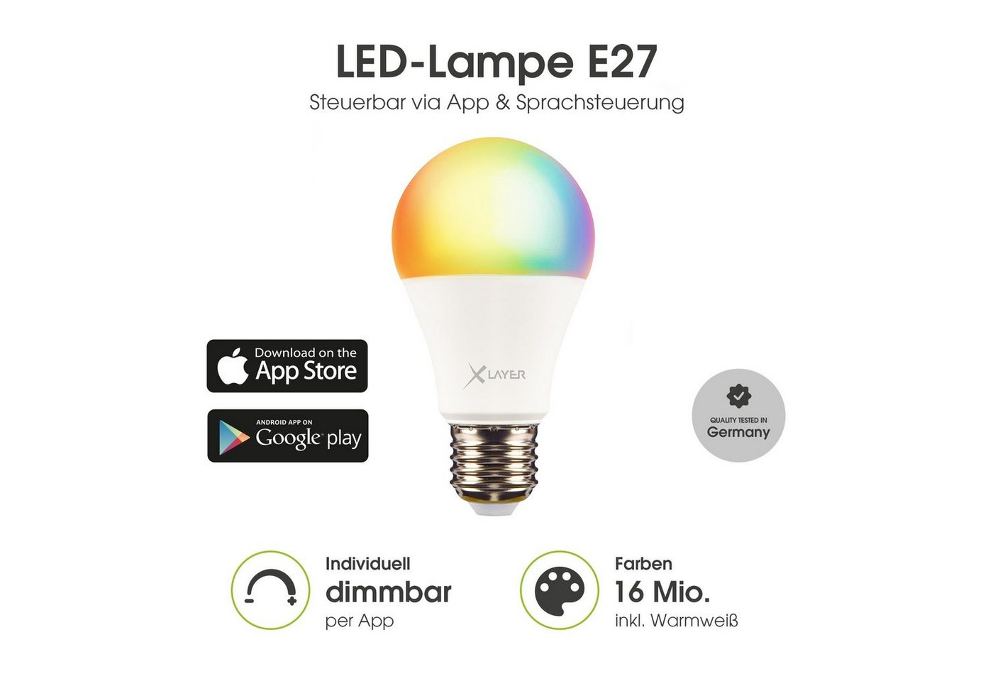 XLAYER Smarte LED-Leuchte WLAN LED Lampe Smart Echo E27 9W Warm- und Kaltweiß Mehrfarbig Dimmbar von XLAYER