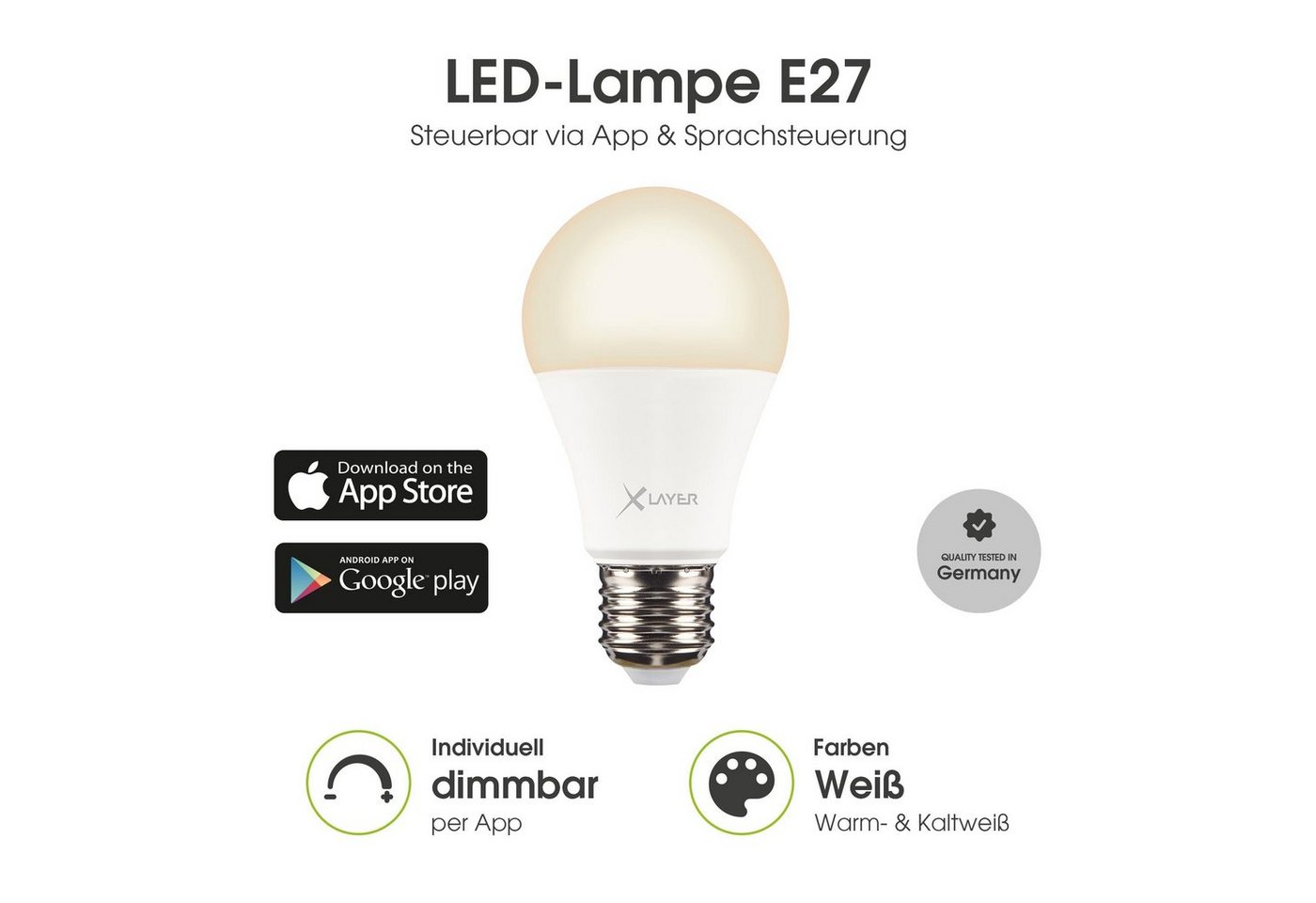 XLAYER Smarte LED-Leuchte WLAN LED Lampe Smart Echo E27 9W Warm- und Kaltweiß, Dimmbar von XLAYER