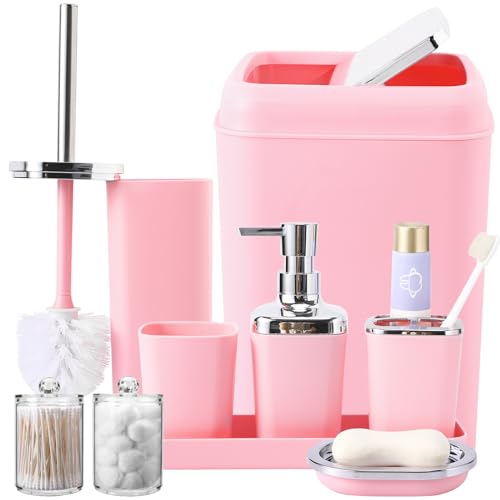 XLHOMO Rosa Badezimmer-Zubehör-Set, Kunststoff-Badezimmer-Set mit Tablett, Seifenspender, Zahnbürstenhalter, Zahnbürstenbecher, Seifenschale, WC-Bürste, Mülleimer und Q-Tip-Haltern von XLHOMO