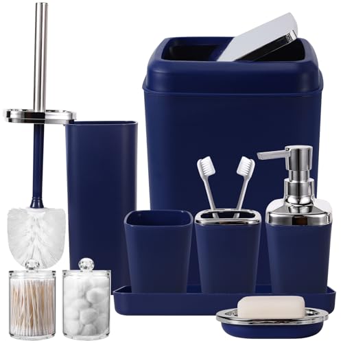 Badezimmer Zubehör Set 9-teiliges Kunststoff Geschenkset mit Mülleimer, Zahnbürstenhalter, Zahnputzbecher, Seifenspender, Toilettenbürstenhalter, 2 Qtip Halter Spender und Tablett (Marineblau) von XLHOMO