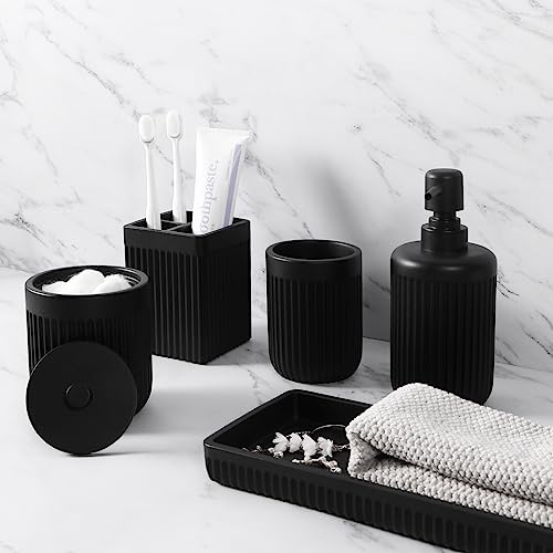 Badezimmer-Zubehör-Set aus Kunstharz, mattschwarz, 5-teilig, Lotion, Seifenspender, Zahnbürstenhalter, Badezimmerbecher, Wattestäbchen, Glas und multifunktionales Tablett, Badezimmer-Organizer-Zubehör von XLHOMO