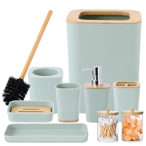 Grünes Badezimmer-Zubehör-Set, 9-teilig, mit Mülleimer, Zahnbürstenhalter, Zahnbürstenbecher, Lotion-Seifenspender, Waschtischablage, Seifenschale, WC-Bürste, Qtip-Halter von XLHOMO