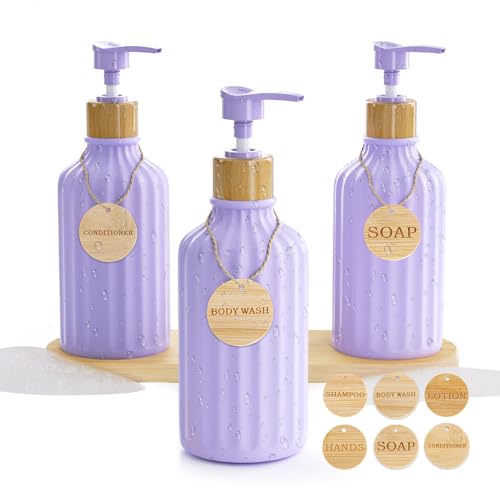 Shampoo- und Conditioner-Spender-Set, 473 ml, nachfüllbar, violett, Shampoo- und Conditioner-Flaschen, extra dicker Kunststoff, leerer Körperwaschspender mit Pumpe und Tablett, für Badezimmer, Dusche, Shampoo- und Conditioner-Spender-Set, 473 ml, nachfüllbar, violett, Shampoo- und Conditioner-Flaschen, extra dicker Kunststoff, leerer Körperwaschspender mit Pumpe und Tablett, für Badezimmer, Dusche, von XLHOMO