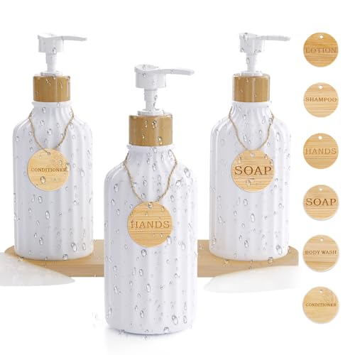 Shampoo- und Conditioner-Spender-Set, 473 ml, nachfüllbar, weiß, Shampoo- und Conditioner-Flaschen, extra Dicker Kunststoff, leerer Körperwaschspender mit Pumpe und Tablett, für Bad und Dusche, 3 Shampoo- und Conditioner-Spender-Set, 473 ml, nachfüllbar, weiß, Shampoo- und Conditioner-Flaschen, extra Dicker Kunststoff, leerer Körperwaschspender mit Pumpe und Tablett, für Bad und Dusche, 3 von XLHOMO