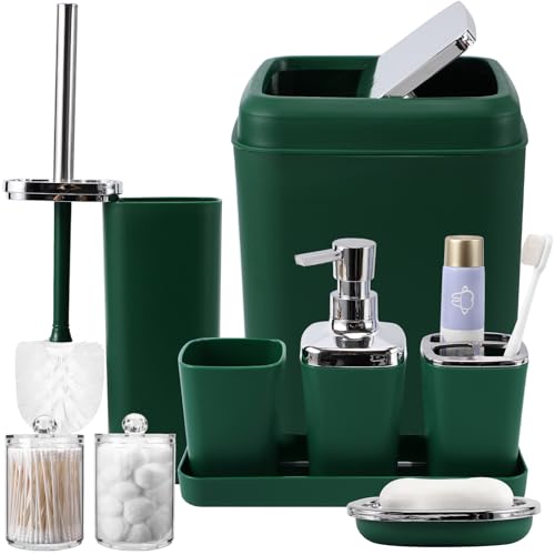 XLHOMO Dunkelgrünes Badezimmer-Zubehör-Set, mit Mülleimer, Zahnbürstenhalter, Zahnbürstenbecher, Seifenspender, Seifenschale, WC-Bürstenhalter, 2 Q-Tip-Halterspender und Tablett von XLHOMO