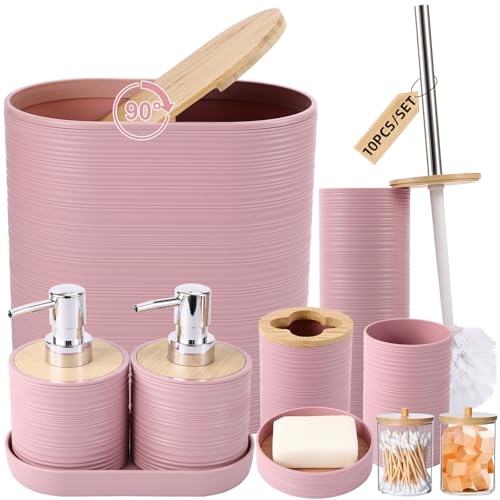 XLHOMO Pinkes Badezimmer-Set, rosa Badezimmer-Zubehör-Set mit Mülleimer, 2 Seifenspender, Seifenschale, Zahnbürstenhalter, Zahnbürstenbecher, WC-Bürste, Tablett und Qtip-Halter für Badezimmer-Dekor von XLHOMO