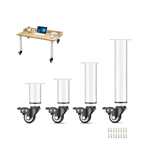 XLHWJCP 2Pcs Metall Tischbeine Einstellbare Höhe Möbel Beine mit Rad & Bremse Heavy Duty Ersatz Beine für DIY Computer Schreibtisch/Kommode (Weiß,14-16cm) von XLHWJCP