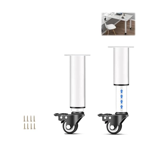 XLHWJCP 2Pcs Metall verstellbare Möbelbeine, mit Rad & Bremse, Heavy Duty Ersatz Tischbeine, für Computer Schreibtisch/Bett/Stuhl/Couch/Kommode (Weiß,24-36cm) von XLHWJCP