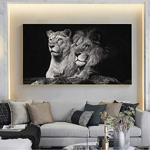 XLKDP Schwarzweiss-Löwe und Löwin Leinwandmalerei Poster Tierdruck Wandkunst Wohnkultur-50x100cmx1 STK. Kein Rahmen von XLKDP