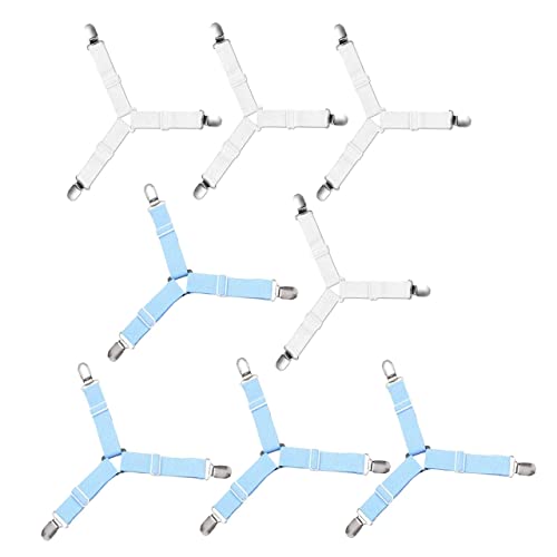 XLKJ 8 Stück Bettlakenspanner Dreieck Bettlakenclips Verstellbar Bügelbezugsspanner (Blau und Weiß) von XLKJ