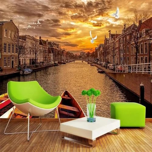 Ästhetisch Sonnenuntergang Architektur Fluss Vögel Boot 3D Tapeten Tapete Luxus Home Esszimmer Fototapete Effekt Wohnzimmer Schlafzimmer Kinderzimmer-200cm×140cm von XLMING