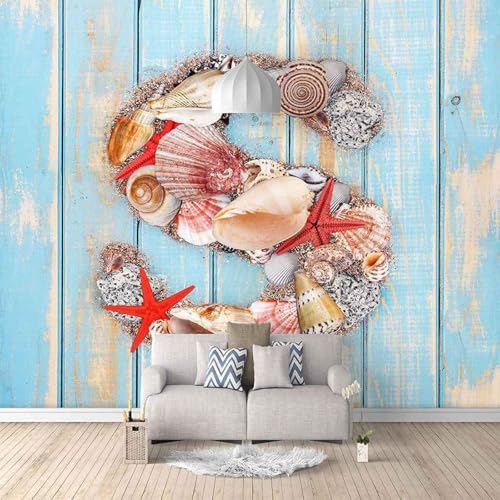 Blaue Bretter Rote Seesterne Muscheln 3D Tapeten Tapete Luxus Home Esszimmer Fototapete Effekt Wohnzimmer Schlafzimmer Kinderzimmer-300cm×210cm von XLMING