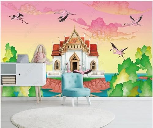 Handbemaltes Warmes Cartoon Fantasie Schloss Flamingo 3D Tapete Premium Strukturierte Seide Speisesaal Arbeitszimmer Wohnzimmer Schlafzimmer Sofa TV Wand-350cm×256cm von XLMING