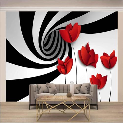 Schwarz Weiß Wirbel Rote Blume Kreativ 3D Tapeten Tapete Luxus Home Esszimmer Fototapete Effekt Wohnzimmer Schlafzimmer Kinderzimmer-400cm×280cm von XLMING