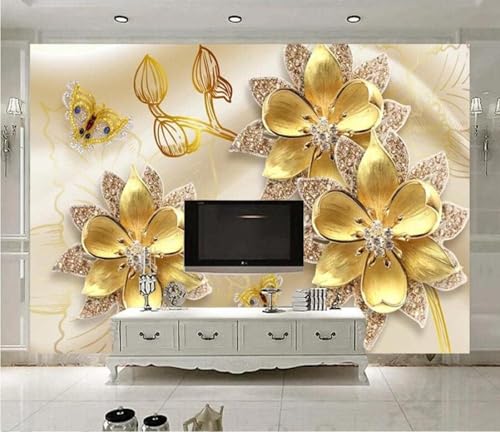 XLMING 3D Luxus Kunst Goldene Blume Schmetterling 3D Tapete Premium Strukturierte Seide Speisesaal Arbeitszimmer Wohnzimmer Schlafzimmer Sofa TV Wand-300cm×210cm von XLMING