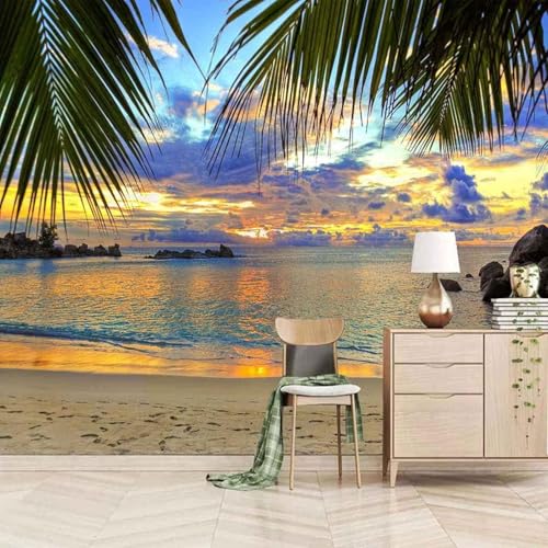XLMING Ästhetischer Sonnenuntergang Strand Meer Grünes Laub 3D Tapete Premium Strukturierte Seide Speisesaal Arbeitszimmer Wohnzimmer Schlafzimmer Sofa TV Wand-200cm×140cm von XLMING