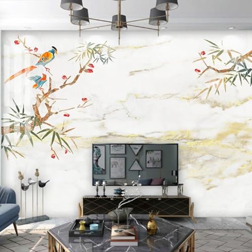 XLMING Einfach Frisch Zweige Blumen Vögel Marmorähnlich 3D Tapete Premium Strukturierte Seide Speisesaal Arbeitszimmer Wohnzimmer Schlafzimmer Sofa TV Wand-250cm×170cm von XLMING