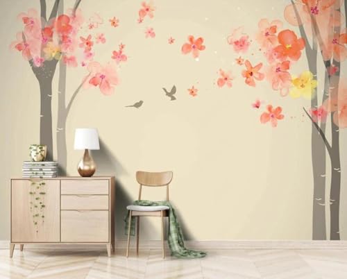 XLMING Einfache Bäume Rosa Blumen Vögel 3D Tapete Premium Strukturierte Seide Speisesaal Arbeitszimmer Wohnzimmer Schlafzimmer Sofa TV Wand-430cm×300cm von XLMING
