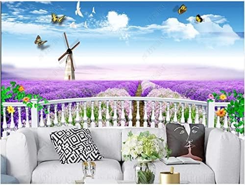 XLMING Fenster Lavendel Blauer Himmel Weiße Wolke Schmetterling Blume Küche Esszimmer Arbeitszimmer Wohnzimmer TV Hintergrund Wand 3D Tapete-300cm×210cm von XLMING