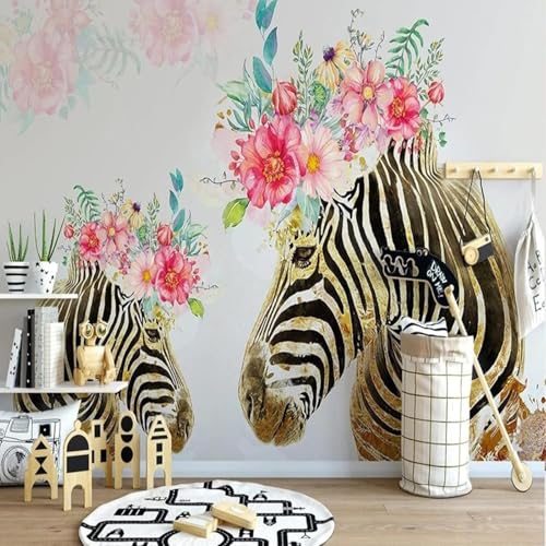 XLMING Handgemalte Aquarell Zebra Schöne Bunte Blume 3D Tapete Premium Strukturierte Seide Speisesaal Arbeitszimmer Wohnzimmer Schlafzimmer Sofa TV Wand-250cm×170cm von XLMING