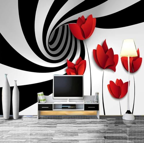 XLMING Kreative Schwarz Weiße Geometrische Rote Blume 3D Tapete Hochwertige Strukturierte Seide Wohnzimmer Sofa Schlafzimmer Esszimmer Home Dekoration-350cm×256cm von XLMING