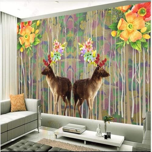 XLMING Pass Tier Hirsche Aquarell Blumen Wald 3D Tapete Hochwertige Strukturierte Seide Wohnzimmer Sofa Schlafzimmer Esszimmer Home Dekoration-400cm×280cm von XLMING