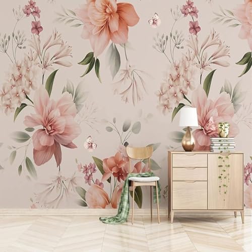 XLMING Pflanzen Blatt Familie Rosa Blumen Schmetterlinge 3D Tapete Hochwertige Strukturierte Seide Wohnzimmer Sofa Schlafzimmer Esszimmer Home Dekoration-350cm×256cm von XLMING