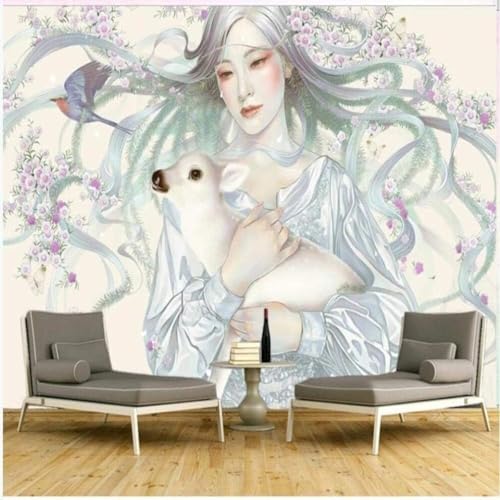 XLMING Retro Handgemalt Frau Rehkitz Vögel Lila Blumen 3D Tapete Premium Strukturierte Seide Speisesaal Arbeitszimmer Wohnzimmer Schlafzimmer Sofa TV Wand-250cm×170cm von XLMING