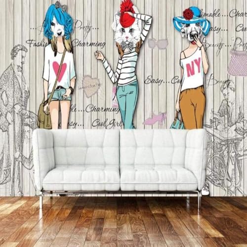 XLMING Retro Holzmaserung Kunst Maske Mädchen Schneiderin 3D Tapete Premium Strukturierte Seide Speisesaal Arbeitszimmer Wohnzimmer Schlafzimmer Sofa TV Wand-300cm×210cm von XLMING