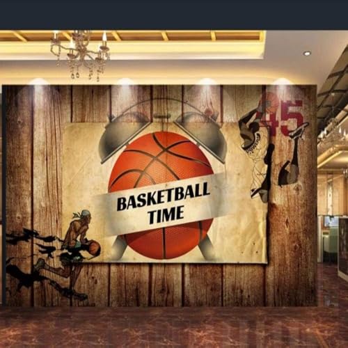 XLMING Retro Holzmaserung Kunst Wecker Basketball 3D Tapete Premium Strukturierte Seide Speisesaal Arbeitszimmer Wohnzimmer Schlafzimmer Sofa TV Wand-250cm×170cm von XLMING