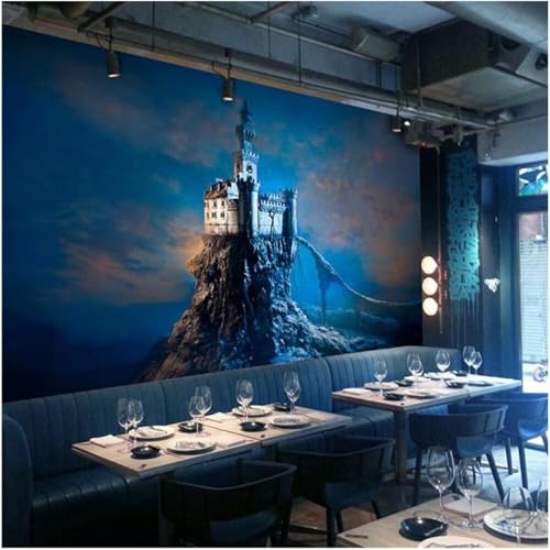 XLMING Retro Nachtansicht Blau Burg Berge 3D Tapete Premium Strukturierte Seide Speisesaal Arbeitszimmer Wohnzimmer Schlafzimmer Sofa TV Wand-250cm×170cm von XLMING