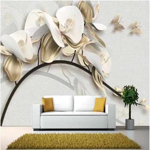 XLMING Schmetterling Weiße Orchidee Blume 3D Tapete Premium Strukturierte Seide Speisesaal Arbeitszimmer Wohnzimmer Schlafzimmer Sofa TV Wand-350cm×256cm von XLMING