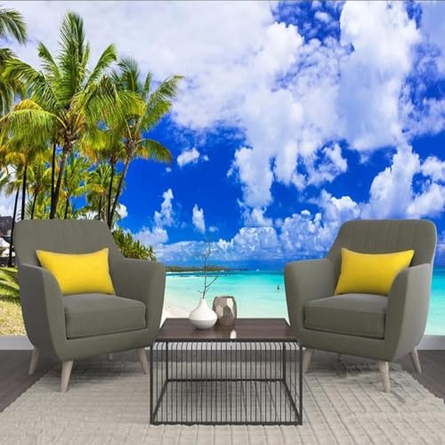XLMING Stereoblauer Himmel Schöne Strandlandschaft Mit Kokosnussbäumen 3D Tapeten Tapete Seidigkeit Home Esszimmer Möbel Sofa Schlafzimmer Wohnzimmer TV Hintergrund-400cm×280cm von XLMING