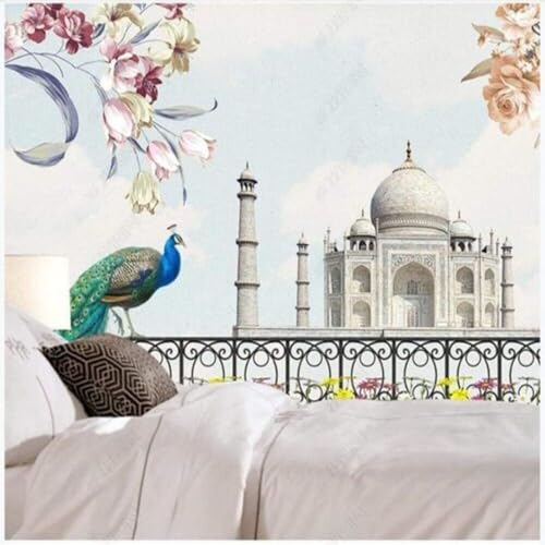 XLMING Vintage Art Peacock Castle Flower 3D Tapete Premium Strukturierte Seide Speisesaal Arbeitszimmer Wohnzimmer Schlafzimmer Sofa TV Wand-300cm×210cm von XLMING
