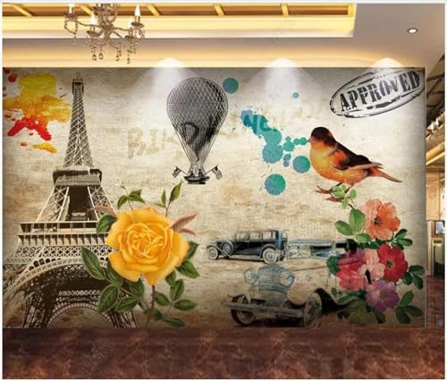 XLMING Vintage Handgemalten Turm Heißluftballon Auto Blume Vogel 3D Tapete Premium Strukturierte Seide Speisesaal Arbeitszimmer Wohnzimmer Schlafzimmer Sofa TV Wand-250cm×170cm von XLMING
