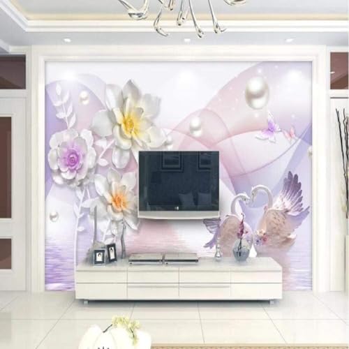 XLMING Warm Ästhetisch Relief Blumen Perlen Schwäne 3D Tapete Premium Strukturierte Seide Speisesaal Arbeitszimmer Wohnzimmer Schlafzimmer Sofa TV Wand-300cm×210cm von XLMING