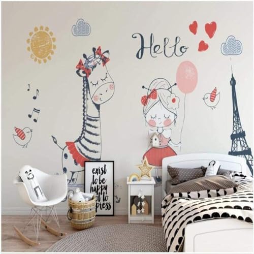 XLMING Warm Cartoon Handgemalt Giraffe Mädchen Turm 3D Tapete Premium Strukturierte Seide Speisesaal Arbeitszimmer Wohnzimmer Schlafzimmer Sofa TV Wand-300cm×210cm von XLMING