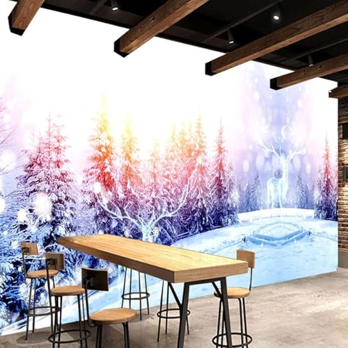 XLMING Winterlich Verschneite Berge Kiefer Zeder Elch Weiß Fantasie Tapete 3D Luxuriöse Seide Büro Esszimmer Sofa Flur Schlafzimmer Wohnzimmer TV Dekorative Wand-430cm×300cm von XLMING