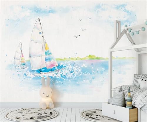 XLMING Zeichnung Doodle Blauer Himmel Weiße Wolken Segelboot 3D Tapeten Tapete Seidigkeit Home Esszimmer Möbel Sofa Schlafzimmer Wohnzimmer TV Hintergrund-250cm×170cm von XLMING