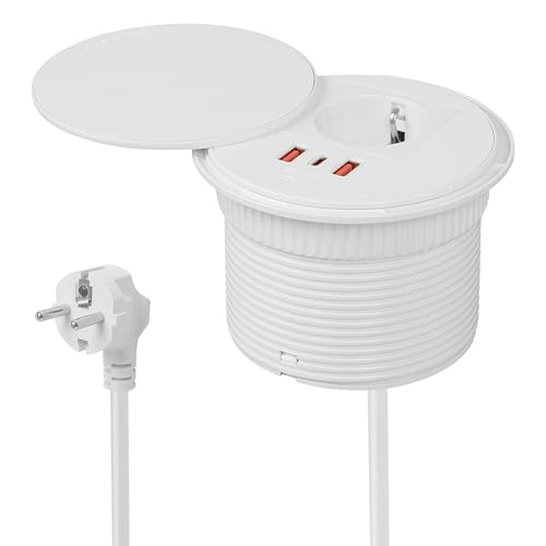 Einbausteckdose mit USB PD20W,Tischsteckdose mit 1 Schuko & 2 USB-A Anschluss & 1 USB-C Anschluss und 1,6m Netzkabel,PU-Leder Steckdose Schreibtisch für 90mm Tischloch (Weiß) von XLSBZ