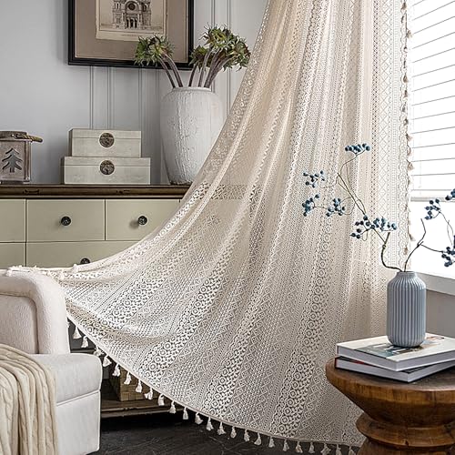XLSBZ 2er Set Voile Vorhang Boho Makramee Vorhänge 150x160cm Vintage Gardinen Beige für Wohnzimmer Schlafzimmer von XLSBZ