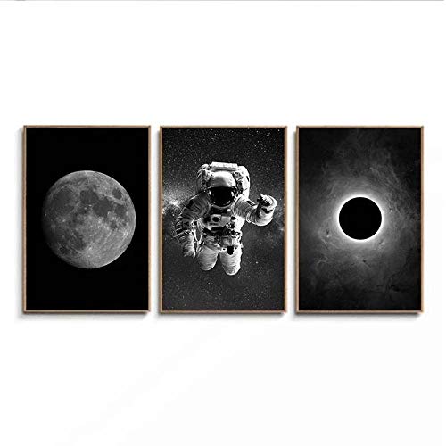 XLXZZ Astronaut Weltraum Mond Leinwand Gemälde Schwarz Weiß Universum Planet Poster und Drucke Wandkunst Bild Home Decor-50x70cmx3 STK. Kein Rahmen von XLXZZ