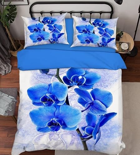 Bettwäsche 200x200 Orchideen, Weiche Microfaser 3D Bettbezug Blau, Bettbezüge Orchideen und 2 Kissenbezug 80x80 cm von XLYYDS