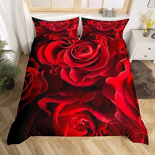 XLYYDS Bettwäsche 135x200 Rote Rose, Weiche Microfaser 3D Bettbezug Romantische Themen, Bettbezüge Rote Rose und 2 Kissenbezug 80x80 cm von XLYYDS